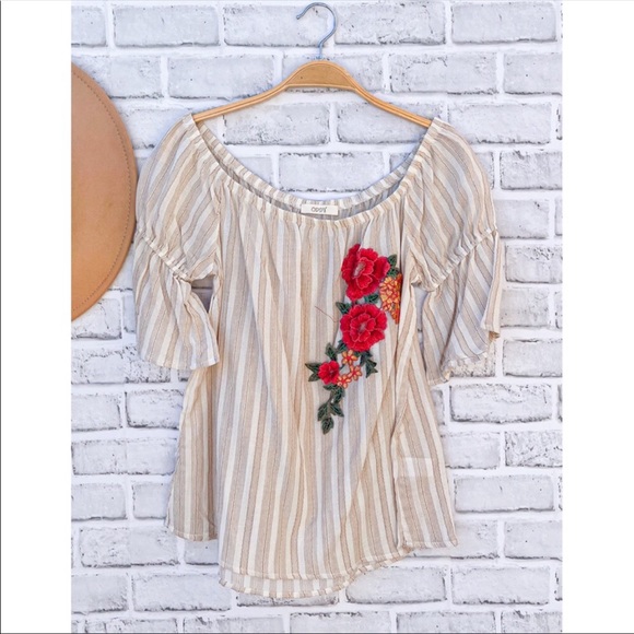 Tops - NWT Taupe & Ivory Vertical Line Embroidered Floral Off Shoulder Top